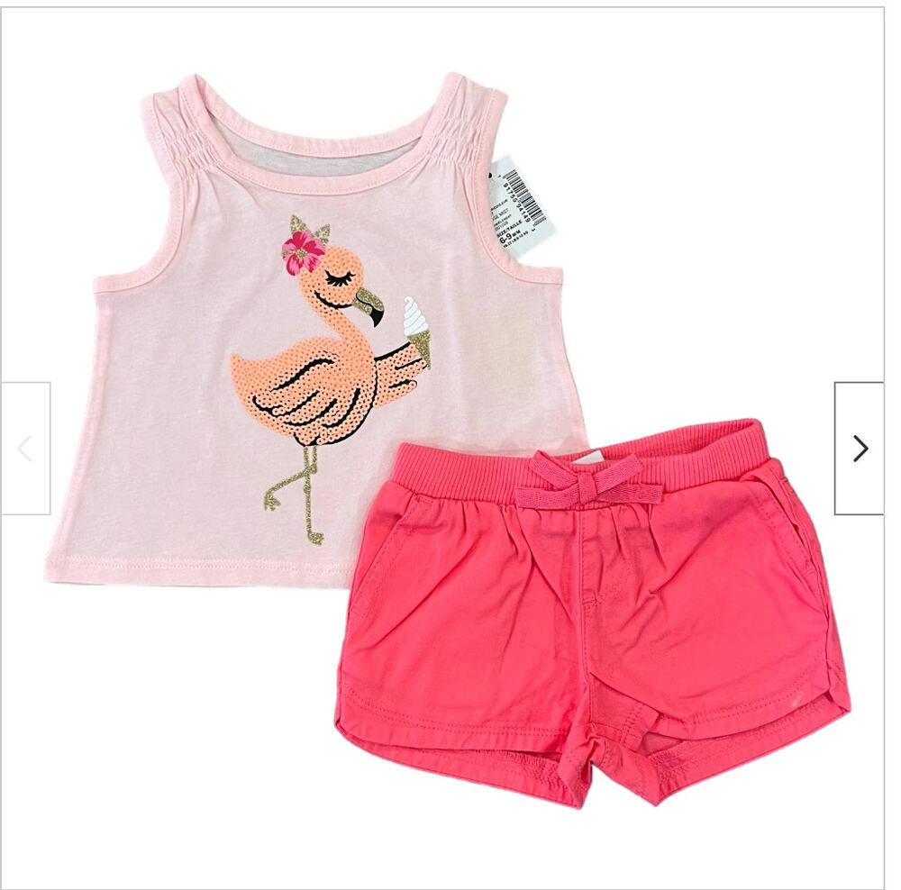 NWT Children's Place Pink W/Sequin Flamingo Graphic Tank & Shorts Outfit - 6-9M